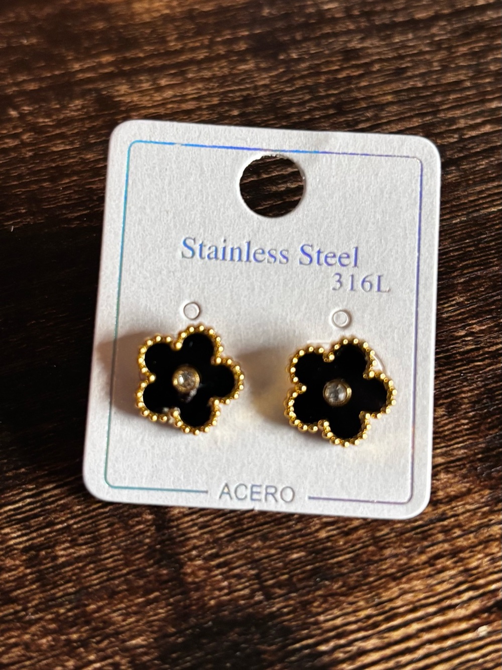 Stainless Steel Black and Gold Tone Clover Flower Stud Earrings